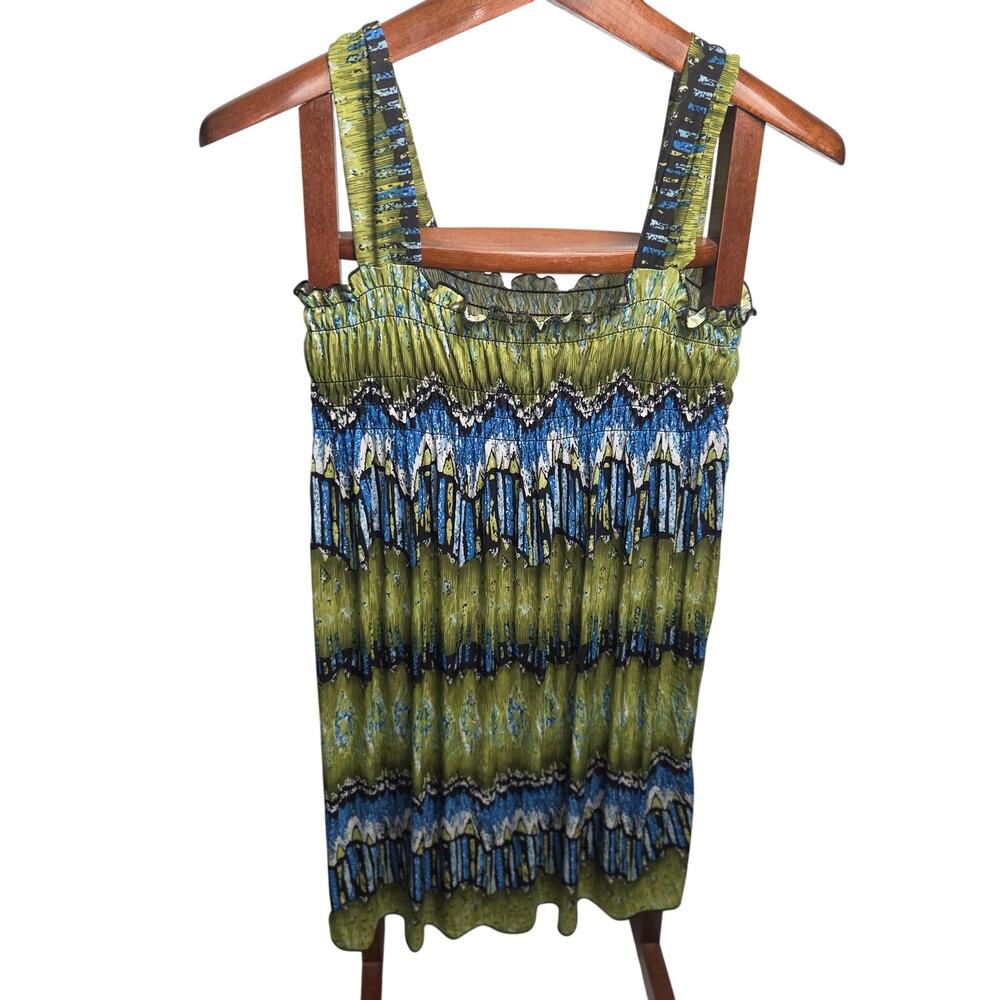 Bohemian Geometric Tribal Print Smocked Summer Dress Green Blue
